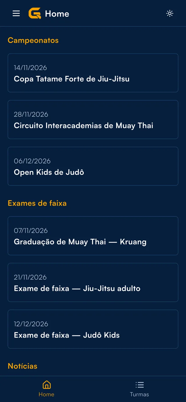 Tela inicial do aplicativo do aluno com campeonatos, exames de faixa e notícias.