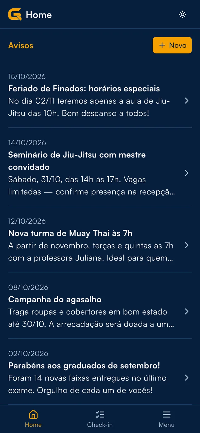 Lista de avisos no aplicativo do professor com o botão Novo.