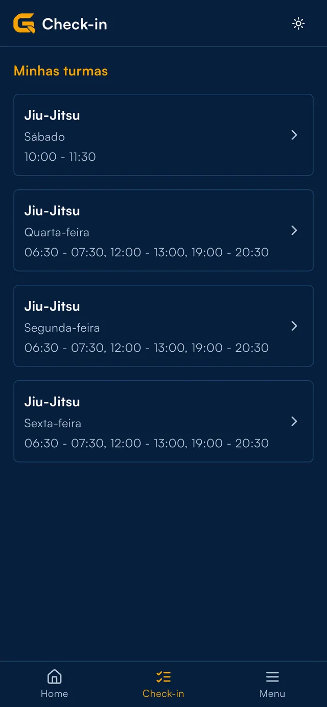 Aplicativo do professor com as turmas de Jiu-Jitsu sob sua responsabilidade.