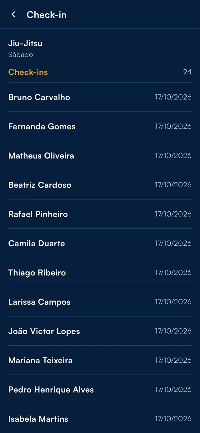 Aplicativo do professor com a lista de alunos que fizeram check-in na turma.