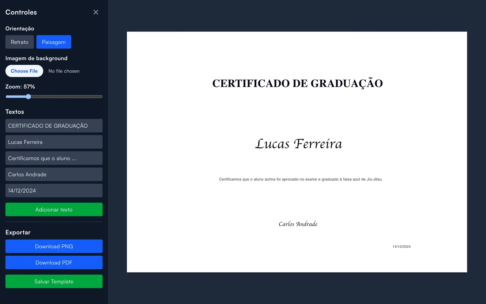 Editor de certificados da Glaavo mostrando um certificado de graduação em paisagem.